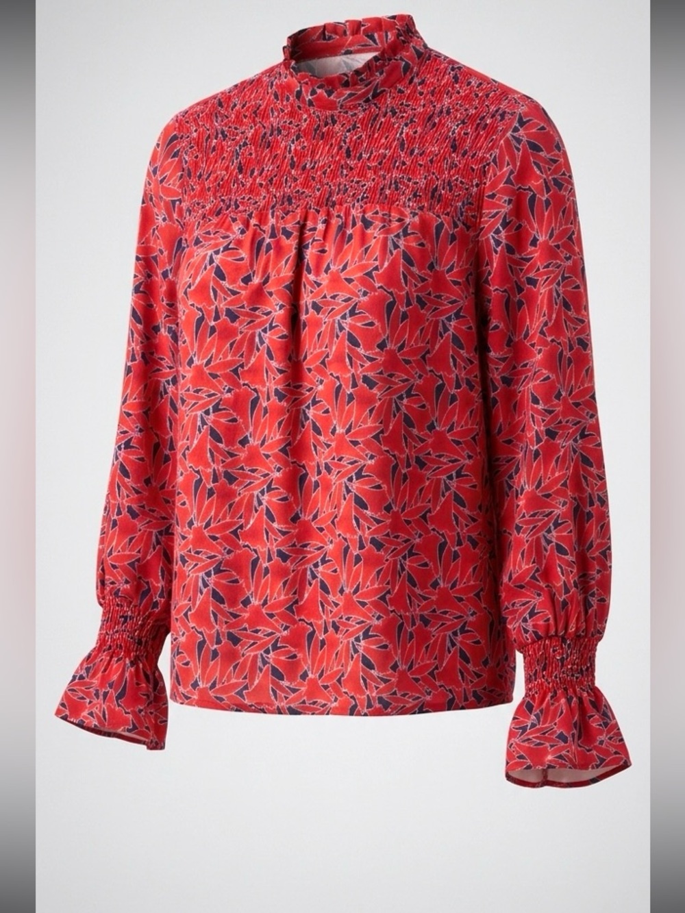 Ann Taylor Red Floral Smocked Blouse Navy Print Ruffle Neck Long Sleeve Size S
